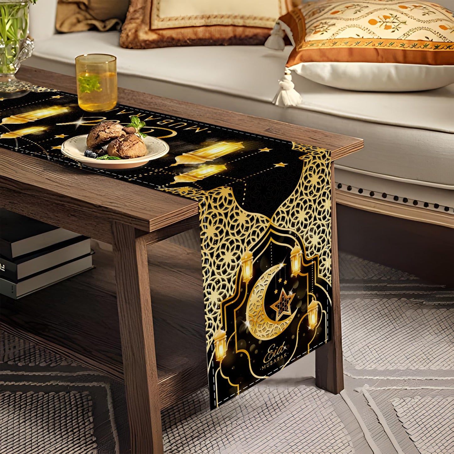 Fengrise Eid Mubarak Table Runner - Black Gold Ramadan Kareem Decorations for Home 2026, Star Moon and Lantern Pattern, Eid Al-Fitr Table Cloth,Islamic Decorations Supplies for Kitchen Indoor (13x72)
