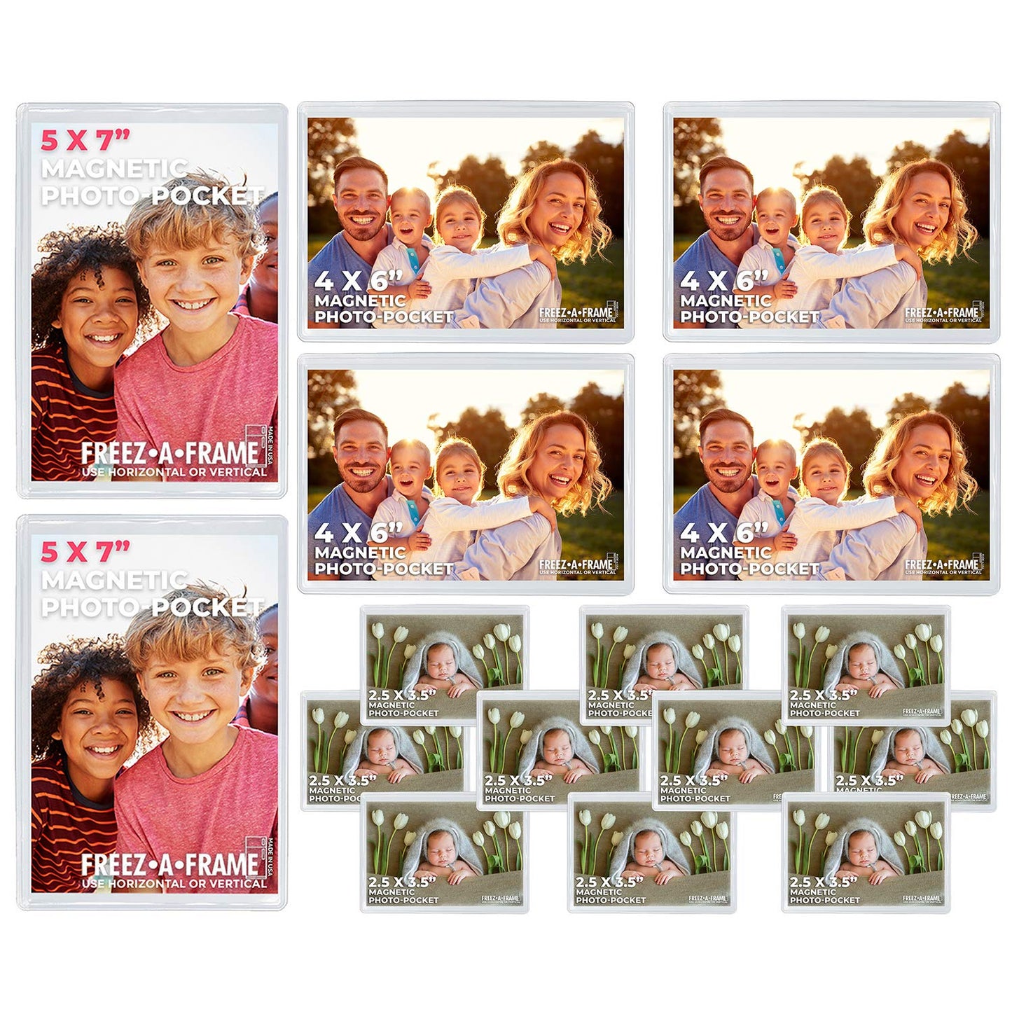 Freez-A-Frame Clear Magnetic Picture Frames For Refrigerator School Locker, or any Magnetic Surface 16 Pack Holds (2) 5 x 7 (4) 4 x 6 (10) 2.5 x 3.5 Exclusive Photo Pockets