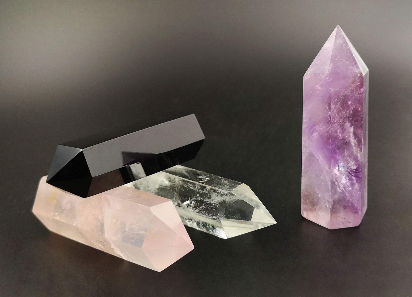 Set of 4 Healing Crystal Wands | Amethyst Crystal, Clear Quartz Crystal Wand & Rose Quartz Crystal Points,Black Obsidian| 6 Faceted Reiki Chakra Meditation Therapy