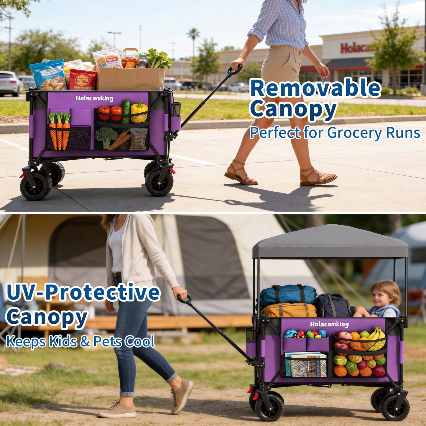 Holacamking Collapsible Canopy Wagon Cart, Heavy Duty Utility Wagon with Removable Sun Cover, All-Terrain Big Wheels, Dual Brakes, Extra Large Grocery Cart for Beach Camping Sports Tailgates (Purple)