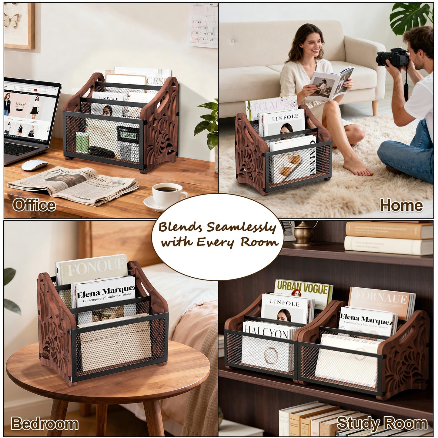 QILICHZ Magazine Holder,3-Compartment Magazine Rack Floor,Wood Magazines File Holder Organizer,Rustic Magazines Storage Basket for Books,Newspapers,Mails,Files