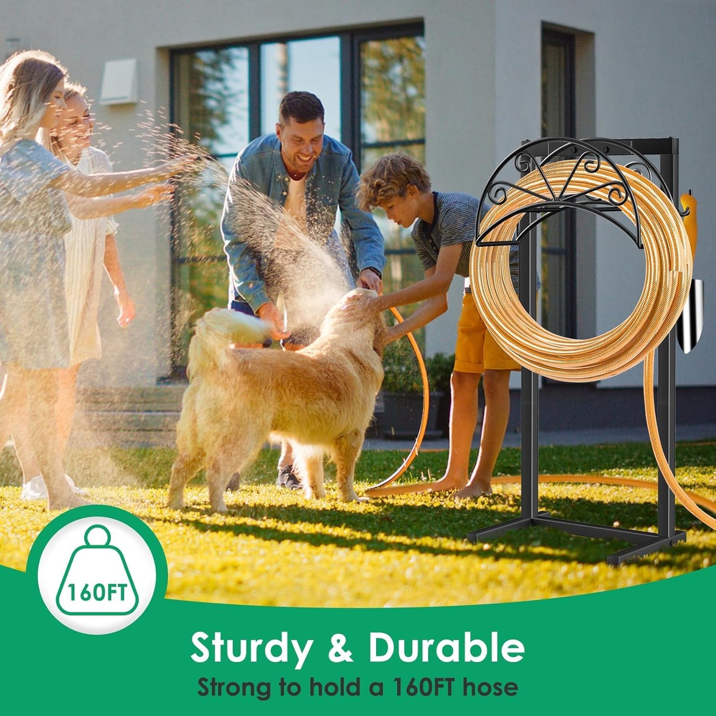 TomCare Garden Hose Holder Heavy Duty Water Hose Holder Holds 160 FT Hoses 4 Spikes Hose Reel Freestanding Hose Hanger Sturdy Hose Storage Stand for Outside Yard Lawn