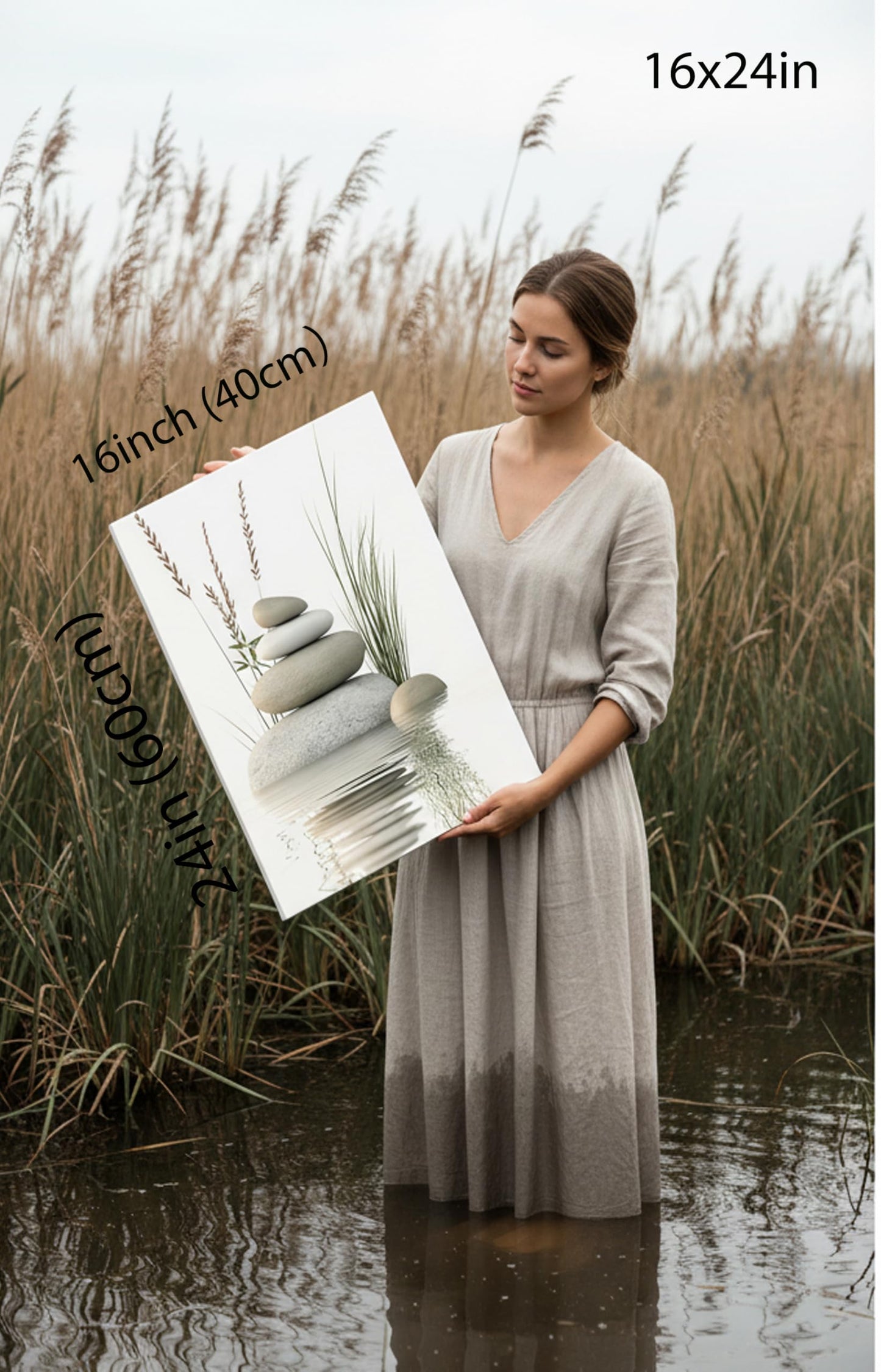 KBIERQN Zen Stone Canvas Wall Art Stacked Stones in Water Poster Print Tranquil Wild Grass Painting Picture for Spa Yoga Meditation Room Bathroom Wall Decor 16x24in Framed Ready to Hang