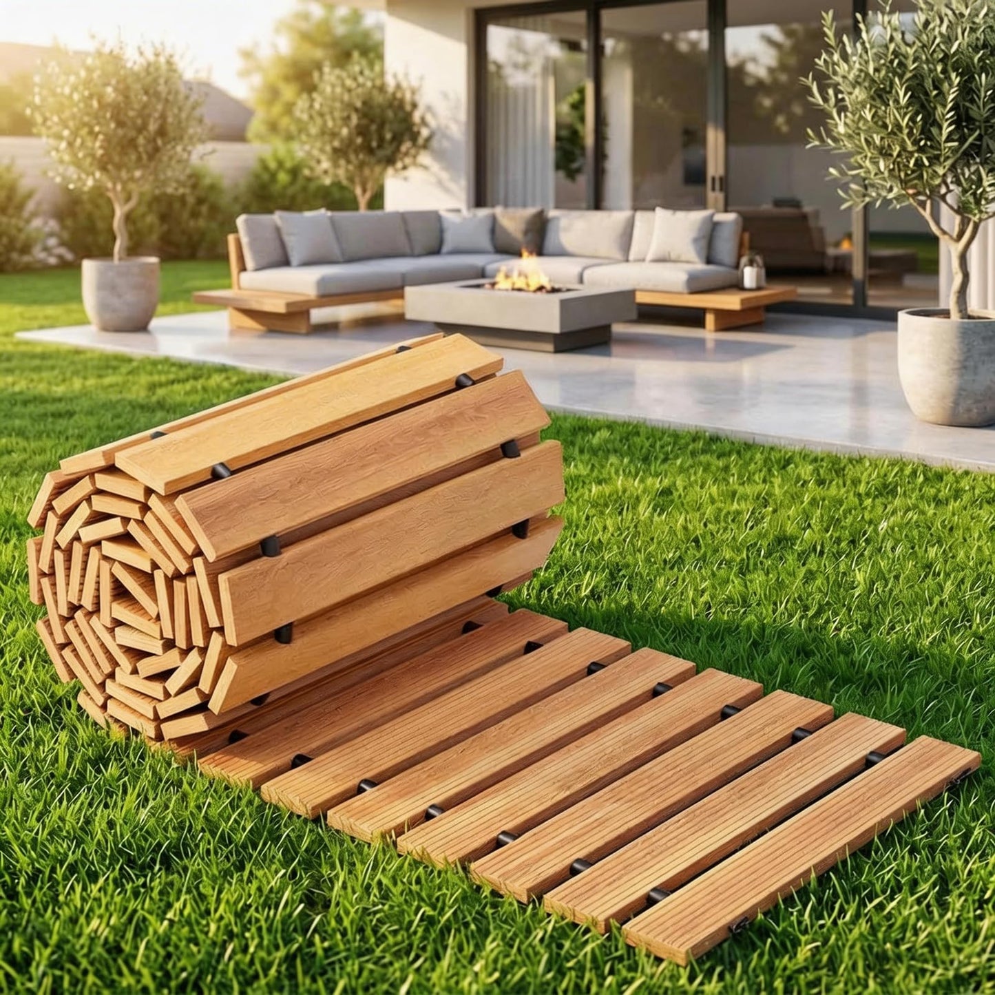 Wooden Garden Pathway Outdoor Walkway - 8 FT Roll Out Outdoor Pathway with Ground Stakes, Boardwalk Pavers for Outside Walkway, Non-Slip Garden Path for Backyard Decor, Lawn Landscaping, Natural
