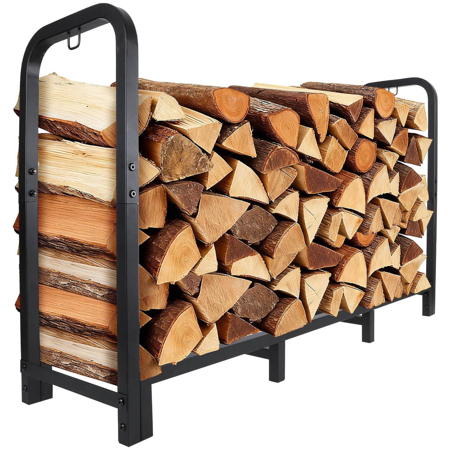 Luoieo 4FT Firewood Rack Outdoor, Holds 1543 LBS with 8 Sturdy Legs, Adjustable 2.6FT Elevated Log Holder Keeps Wood Dry, Black