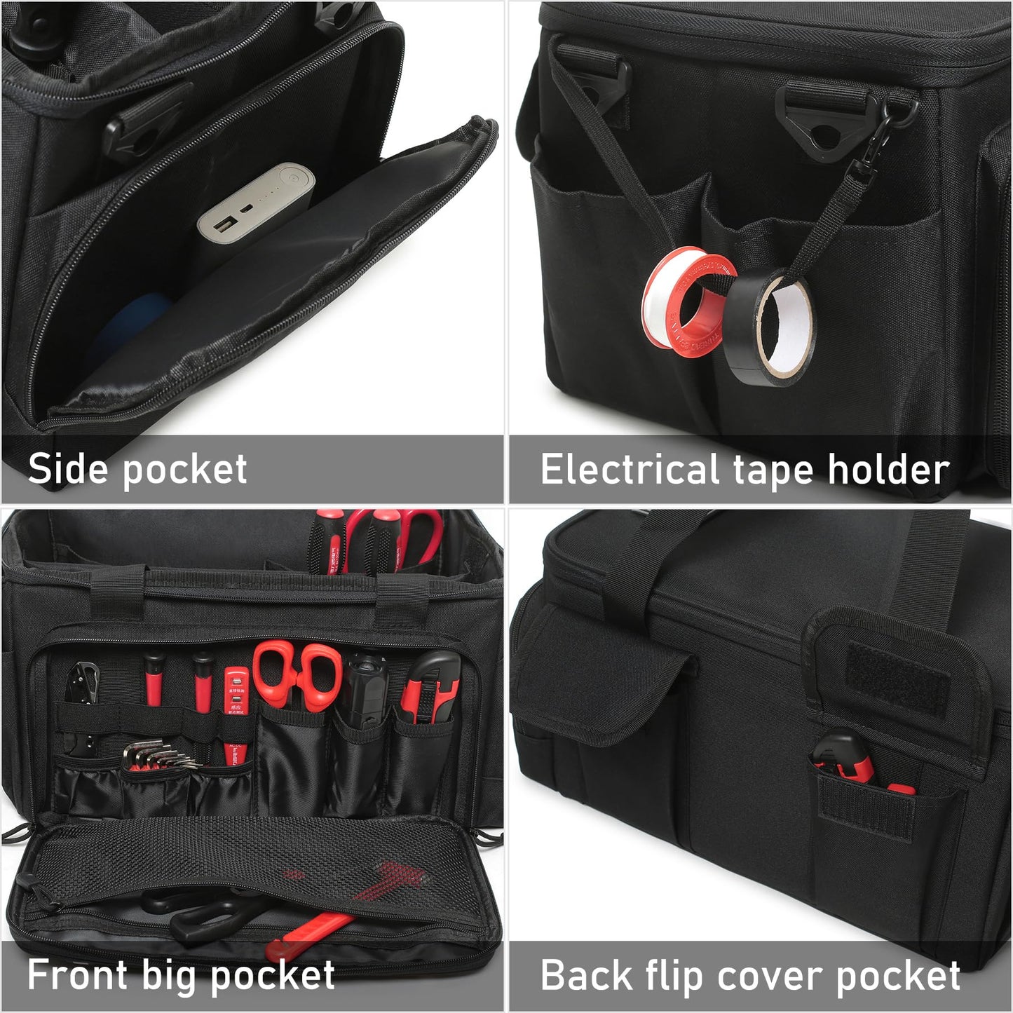 15-Inch Tool Bag Multi-purpose Tool Organizer Bag For Men with Shoulder Strap, Tactical Range Bag Work Tote for Repairman, Carpenters, Handymen (Black)