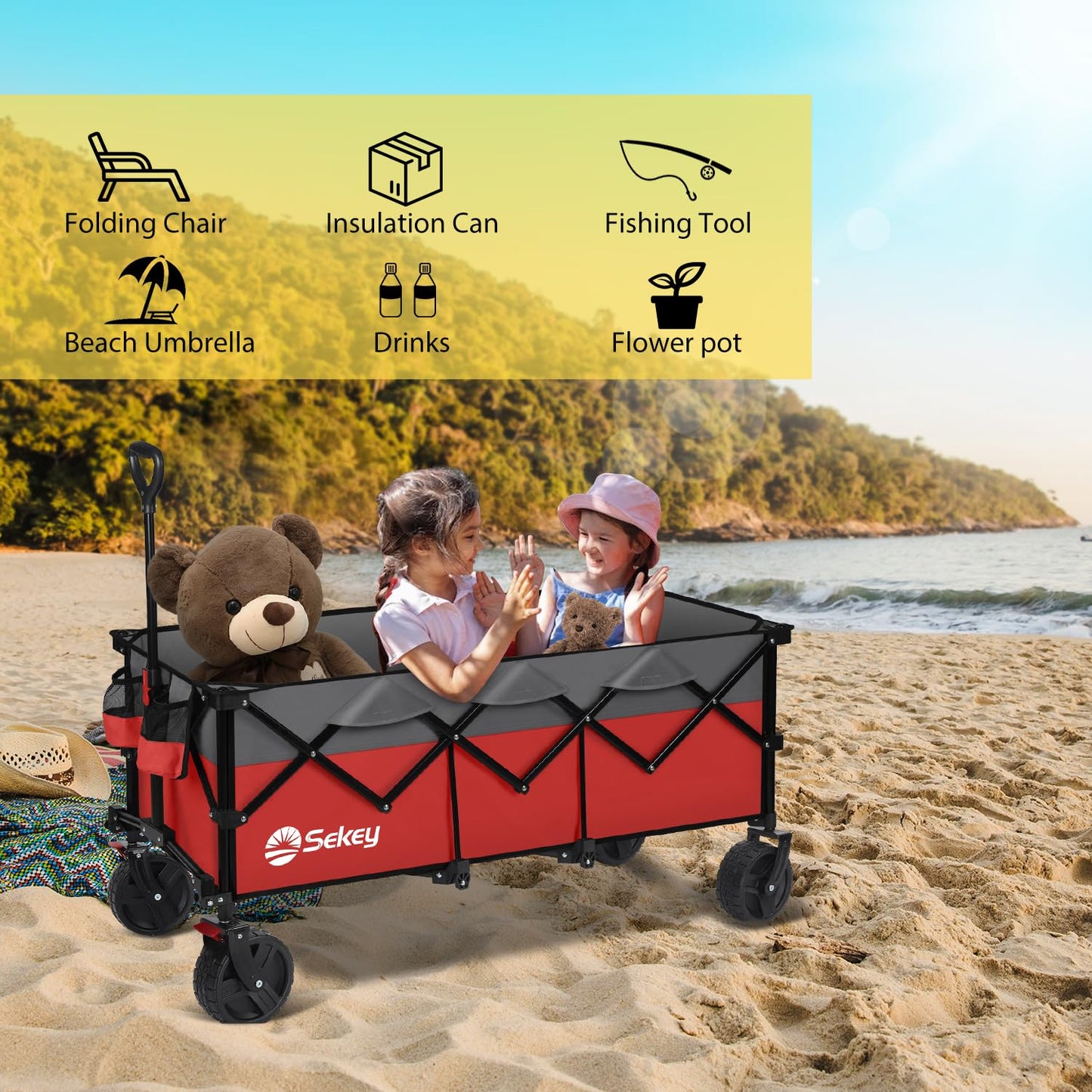Sekey 48''L Collapsible Foldable Extended Wagon with 660lbs Weight Capacity, Heavy Duty 300L Folding Utility Garden Cart with Big All-Terrain Beach Wheels & Drink Holders. Red&Grey