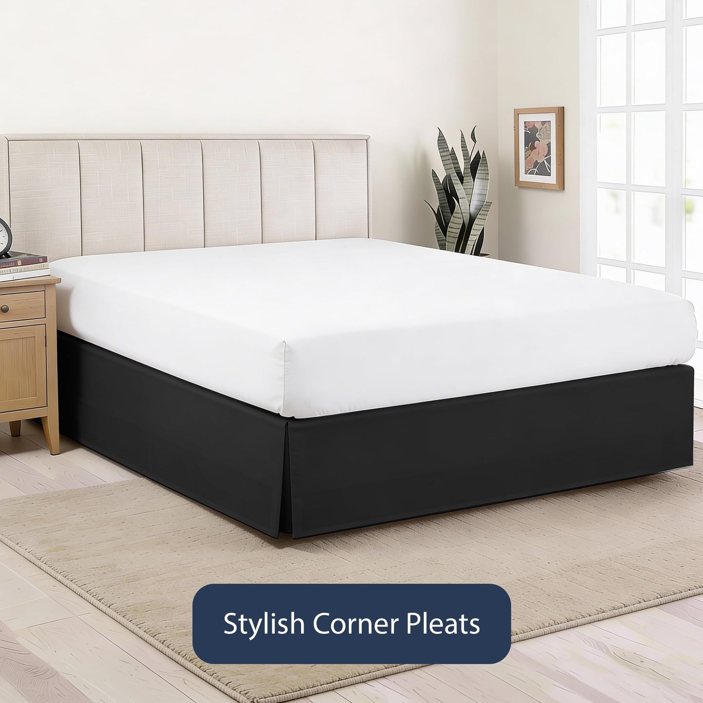 Luxury Hotel Tailored Bed Skirt, Box Pleats, 14 Inch Drop, Queen, Black