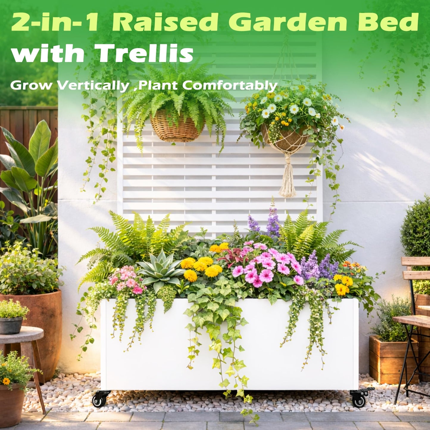 VERSSURE Metal Planter Box with Trellis, 43” L x 16” W x 71” H Raised Garden Bed with Wheels, Privacy Planters for Patio, Metal Planter Box with Drainage Holes, White