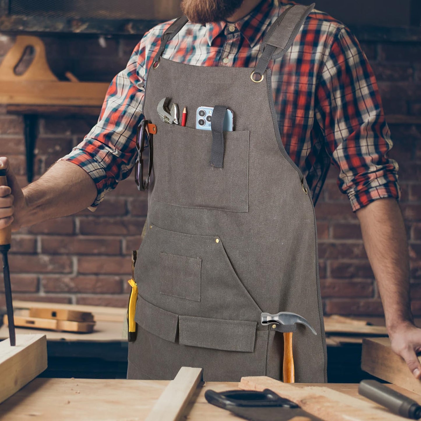 Rtcimoic Men's Multi-Function Woodworking Tool Apron, Multi-Pocket Canvas Carpenter Shop Work Apron, Heavy Duty Adjustable Belt S-3XL Grey
