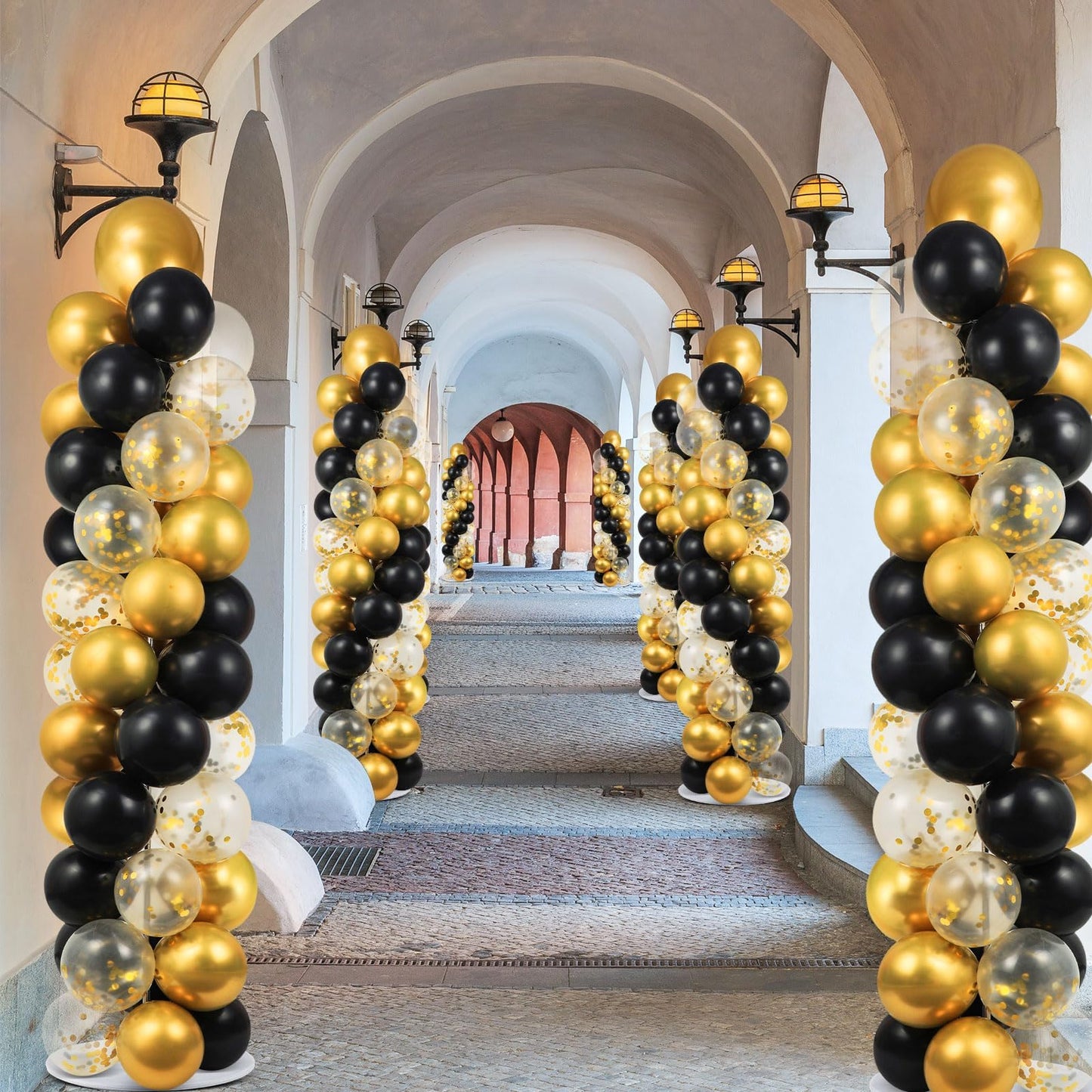2 Sets Balloon Column Stand Kit with 100 Balloons Summer Adjustable Balloon Tower Stand with Bases for Floor Black Gold Balloon Arch Column for 50th Birthday Wedding Engaged Back to School Party Decor