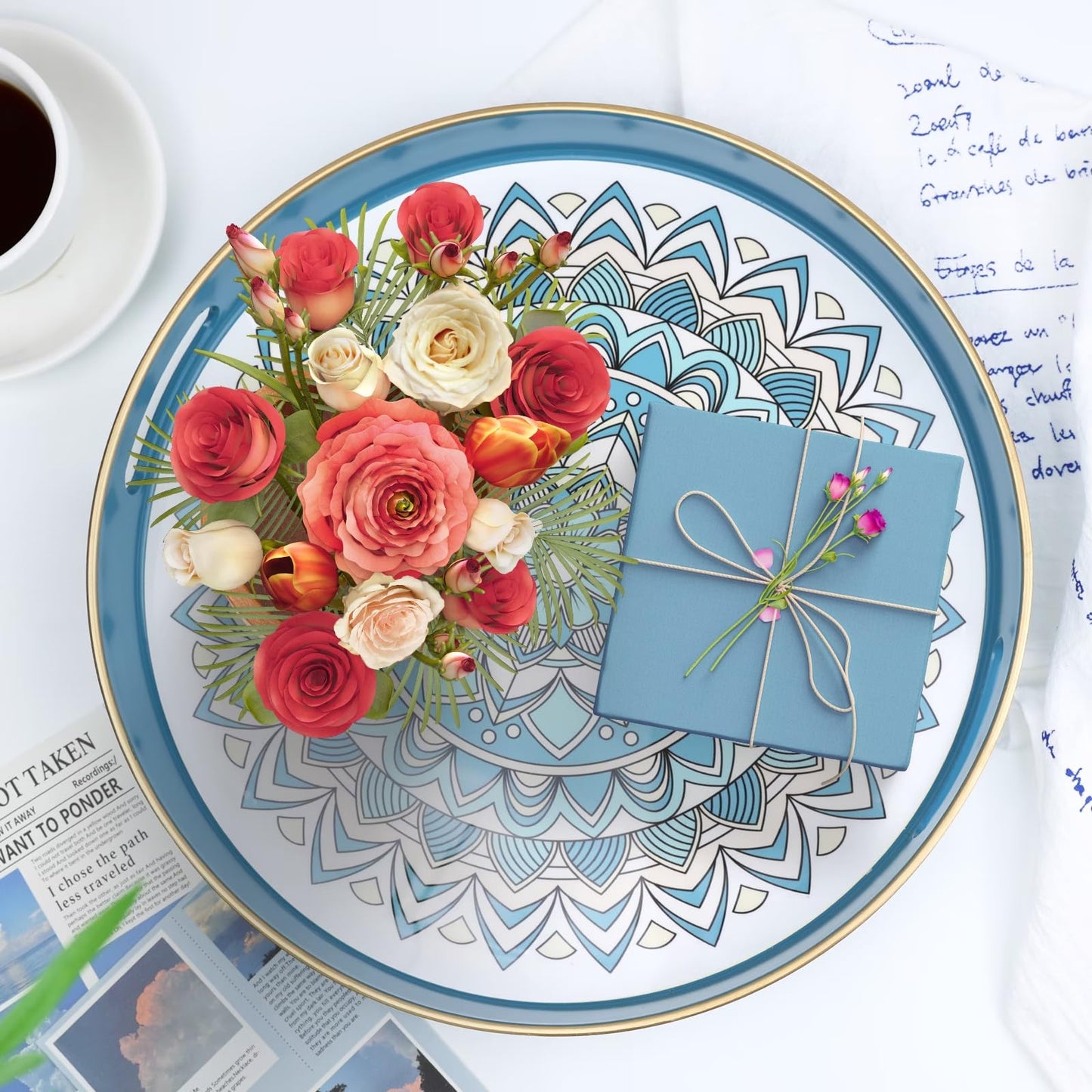 SforGUVA Round Cyan Decorative Tray for Coffee Table, Ottoman, 13” Plastic Serving Platter Tray with Handles for Entertaining, Living Room
