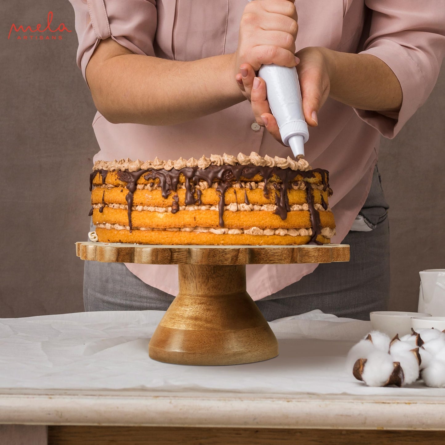 Mela Artisans Wooden Cake Stand 12 Inch | Natural Finish Mango Wood Pedestal Riser | Footed Cupcake & Dessert Stand | Multipurpose Cake Display for Home Decor | Dining Table | Pastries