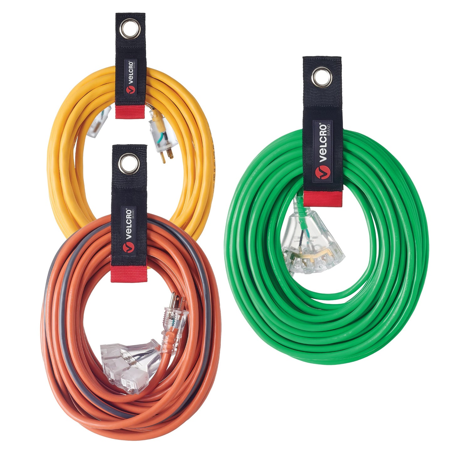 VELCRO Assorted Sizes, Small, Medium, Large Easy Hang Extension Cord Strap Hook and Loop, Bundling with Grommet (3-Pack) VEL-30750-USA
