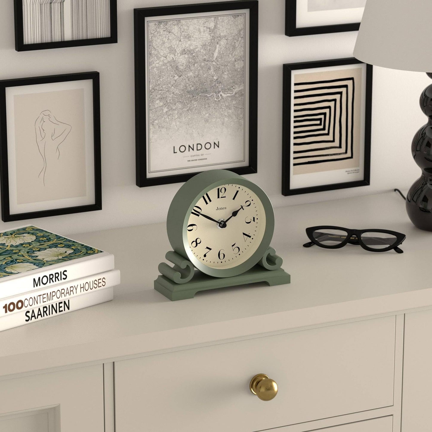 JONES CLOCKS® Saloon Mantel Clock | Small Traditional Double Scroll Design | Green | Contemporary Classic Style for Desk, Table, Shelf or Bedside