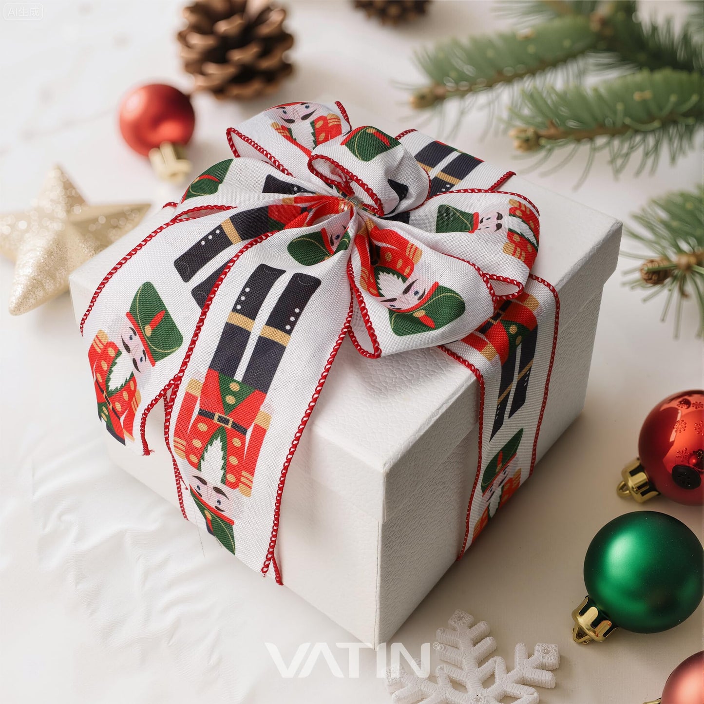 VATIN Christmas Linen Ribbon with Nutcracker Printed, 2-1/2-Inch x 10 Yards Thick Ribbon for Tree Decorations, Gift Wrapping, Bows, Holiday Crafts
