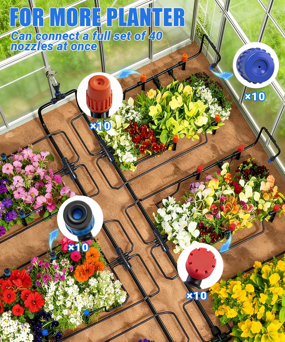 237FT All Quick-Connect Drip Irrigation System Kit with 40 Adjustable Nozzles, UV-Proof 1/2" & 1/4" PE Tubing, for Greenhouse, Lawn & Potted Plants Watering (40FT + 197FT)