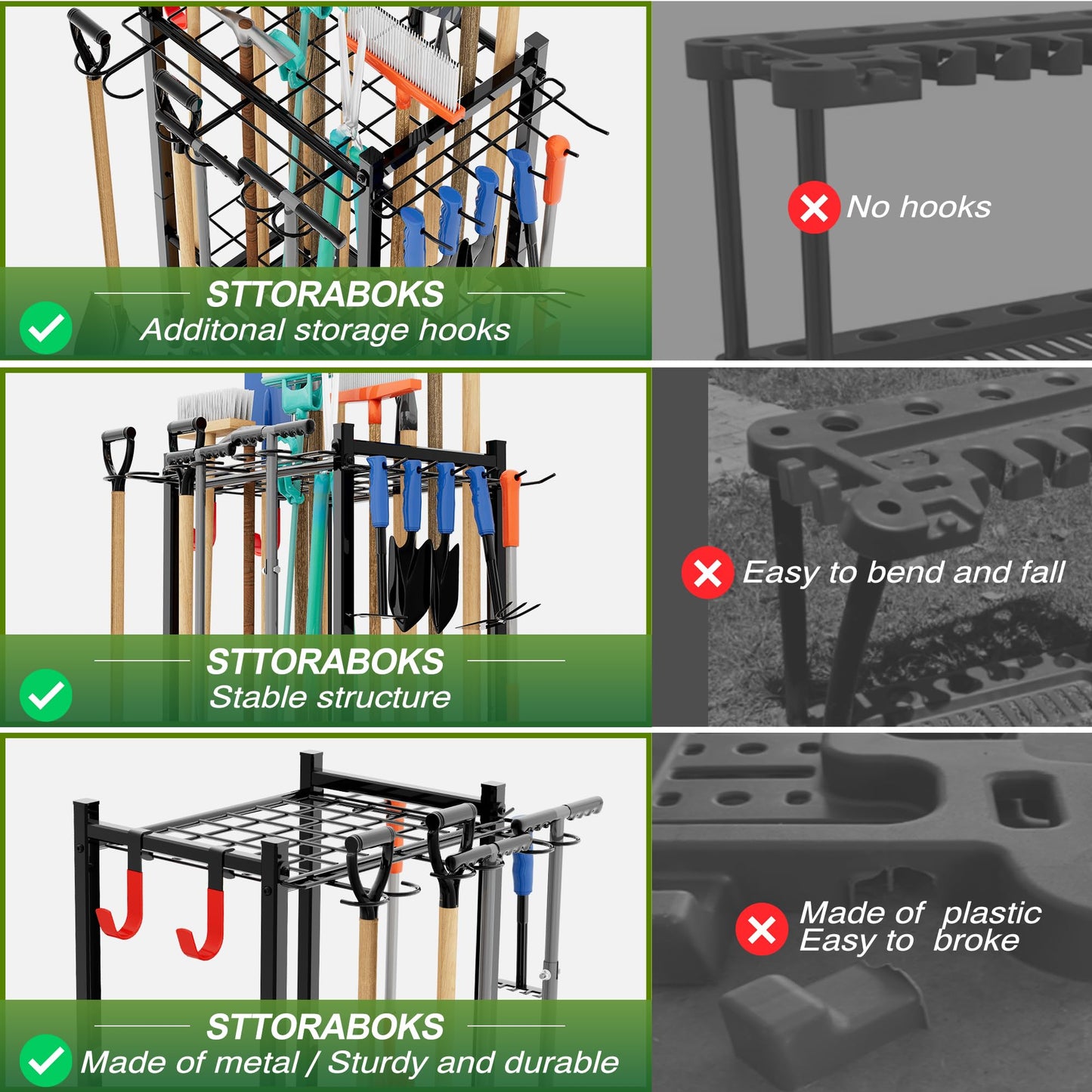 Sttoraboks Garden Tool Organizer Rack Up to 50 Tools, Heavy-Duty Steel Yard Tool Organizer for Garage Storage with 11 Hooks, Broom Holder & Garden Tool Rack for Shed, Patio, Outdoor Use, Black