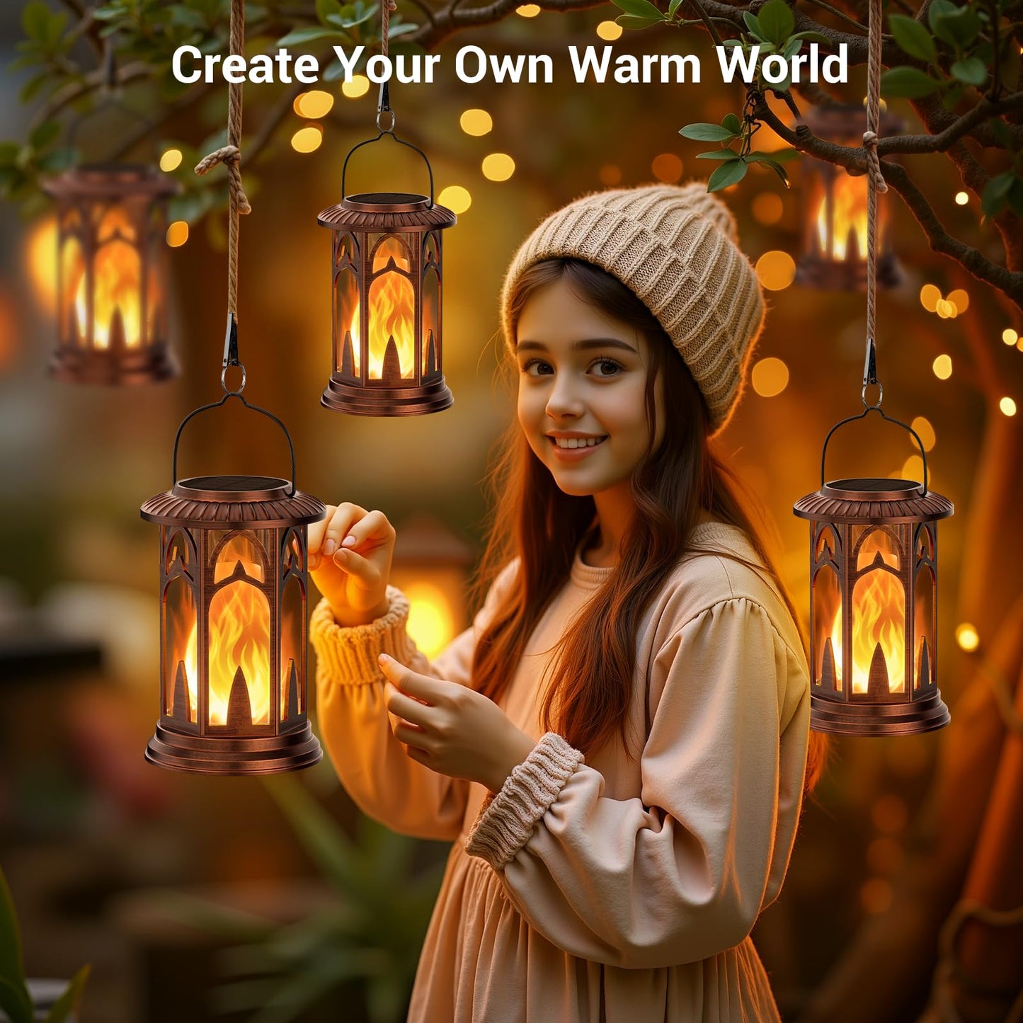 KOOPER Taller Solar Lanterns Outdoor Waterproof Hanging Solar Lantern Lights, 2Pack Upgraded Flickering Flame Lanterns Decorative Outdoor, Battery & Solar Powered lantern for Garden Yard Decor, Bronze