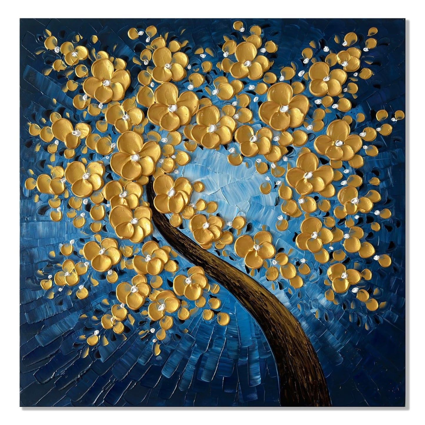 zoinart Hand Paintings 3D Flower Canvas Wall Art 24x24 Inches Abstract Gold Floral Paintings Modern Contemporary Texture Wall Art Tree Blue Artwork for Home Decorations