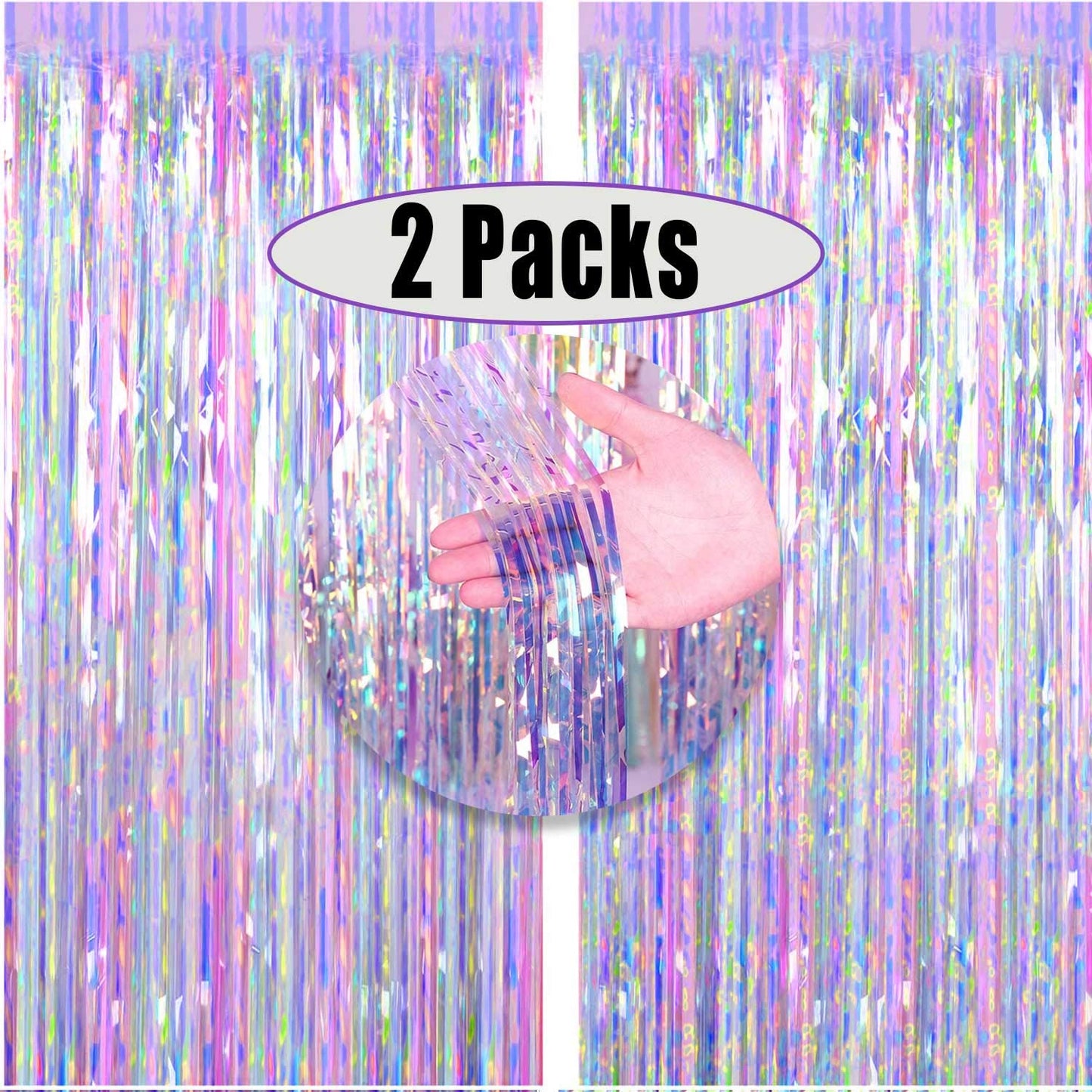 FECEDY 2pcs 3ft x 8.3ft Shiny Corlorful Metallic Tinsel Foil Fringe Curtains Photo Booth Props for Engagement Bridal Shower Bachelorette Baby Shower Bachelorette Holiday Celebration Party Decorations
