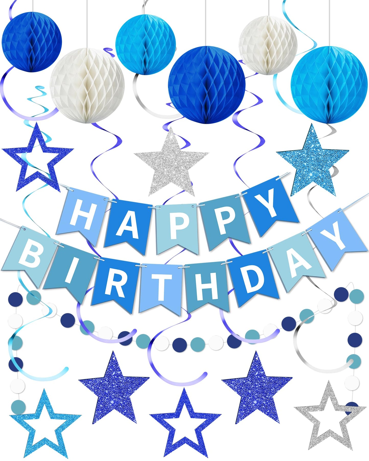 Blue Happy Birthday Decorations, Happy Birthday Banner with Honeycomb Balls, Stars Hanging Swirl Streamers, Dots Garland, Party Decorations for Men Boys Women Girls