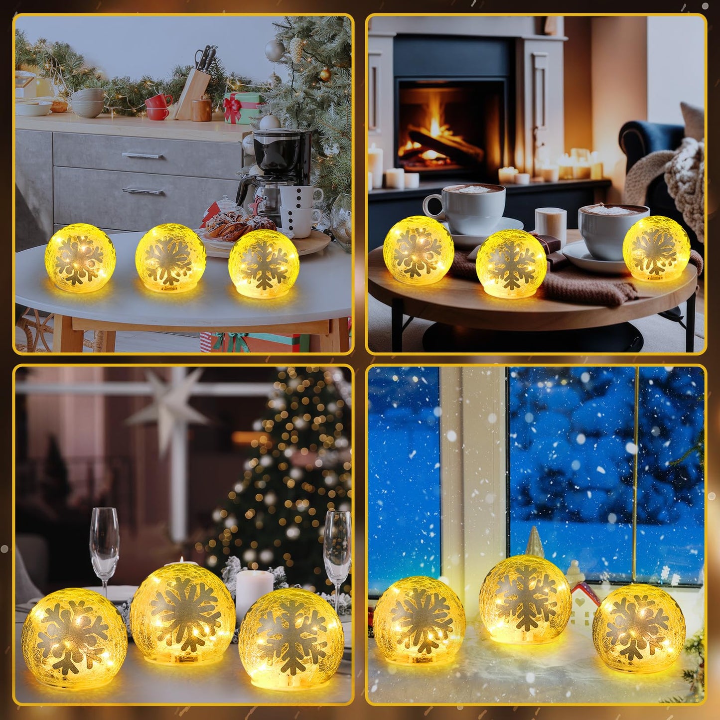 Tujoe 3 Pcs Winter Decorations Indoor 4 Crackle Snowflakes Glass Globe Ball Lamp Night Lights with LED Timer Battery Operated Lighted Decorative Tabletop Decor for Table Home Centerpiece Party Gift