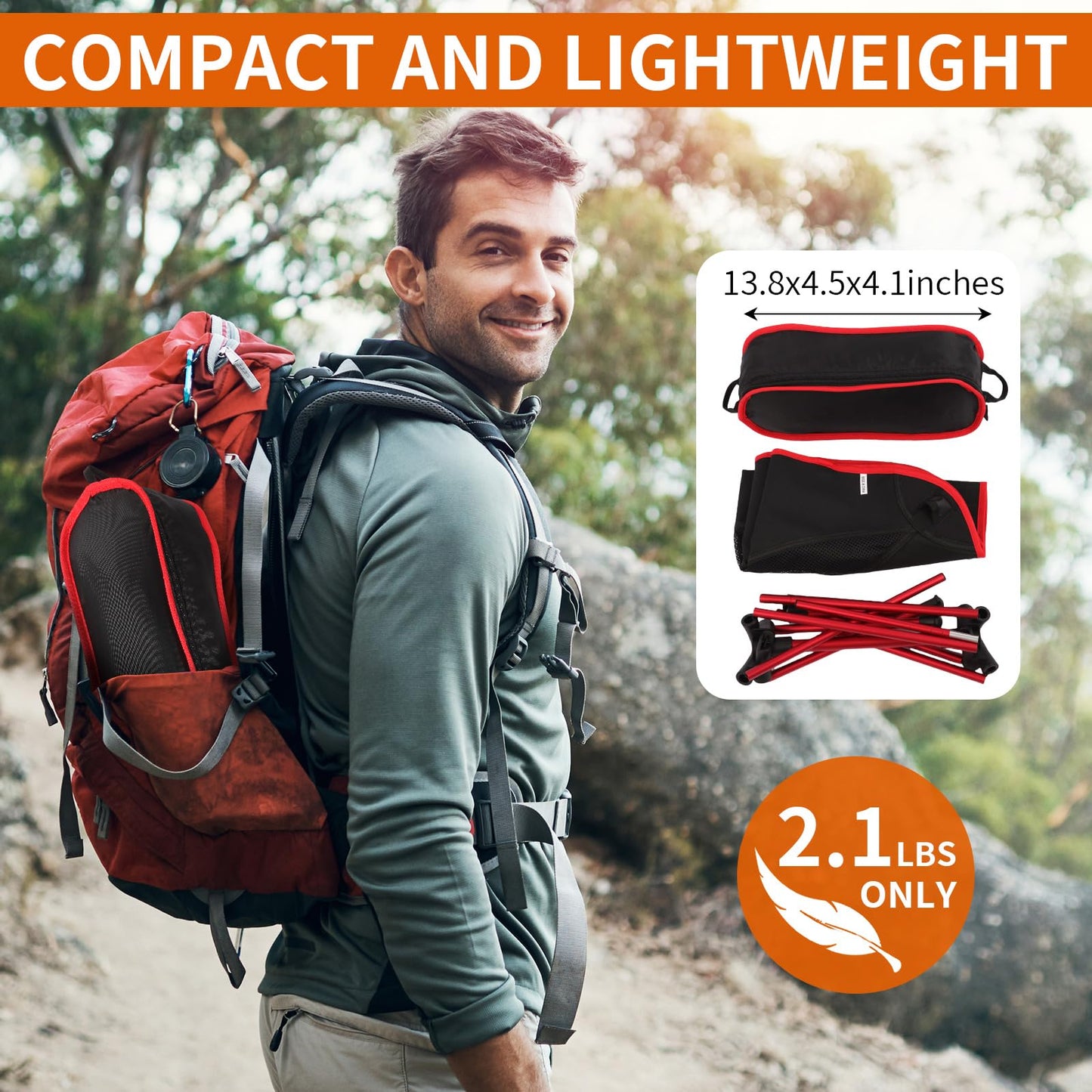 Veathzet Ultralight Camping Chair, Foldable Portable Camping Chair with Breathable Nylon Mesh, Compact Design & Carry Bag for Hiking, Backpacking, Beach, Concerts (Black&red)