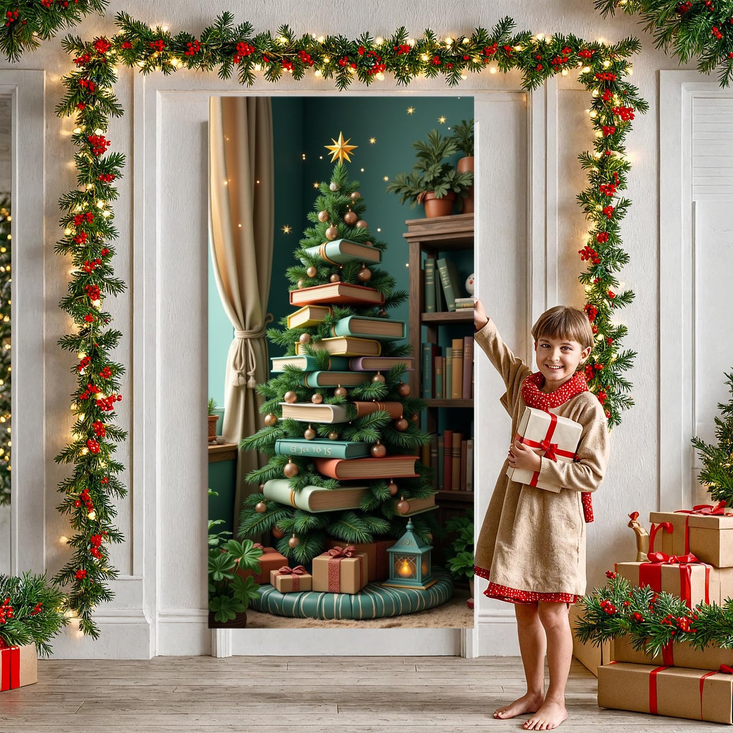 Merry Christmas Door Cover, Christmas Tree Door Hanging Backdrop Decoration Xmas Tree Porch Sign Front Door Banner Gifts for Winter Holiday New Year Xmas Office Home Party Supplies