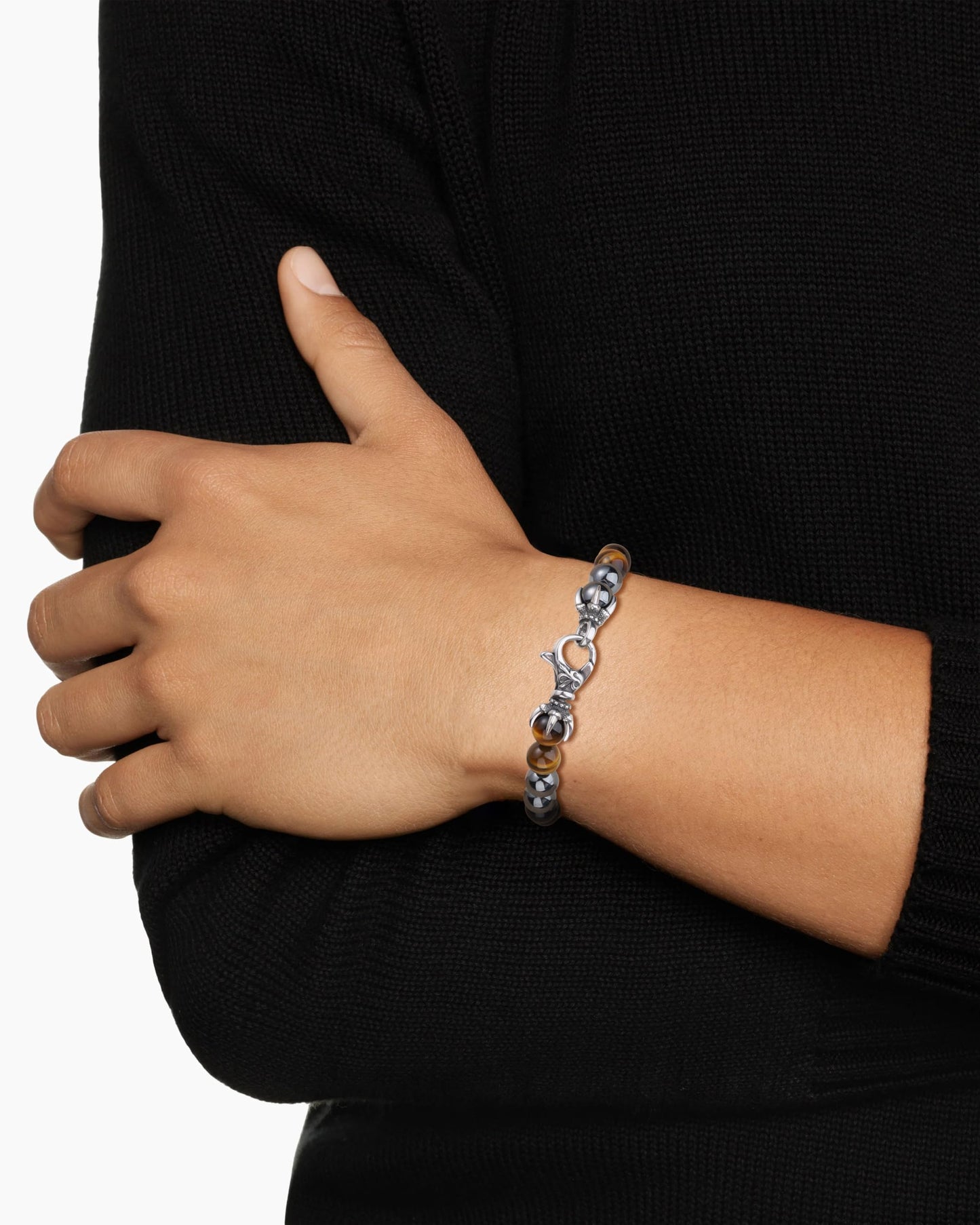 GAVU Triple Protection Bracelet, 8mm Hematite Tiger Eye Obsidian Crystal Bracelet for Men 8.9"