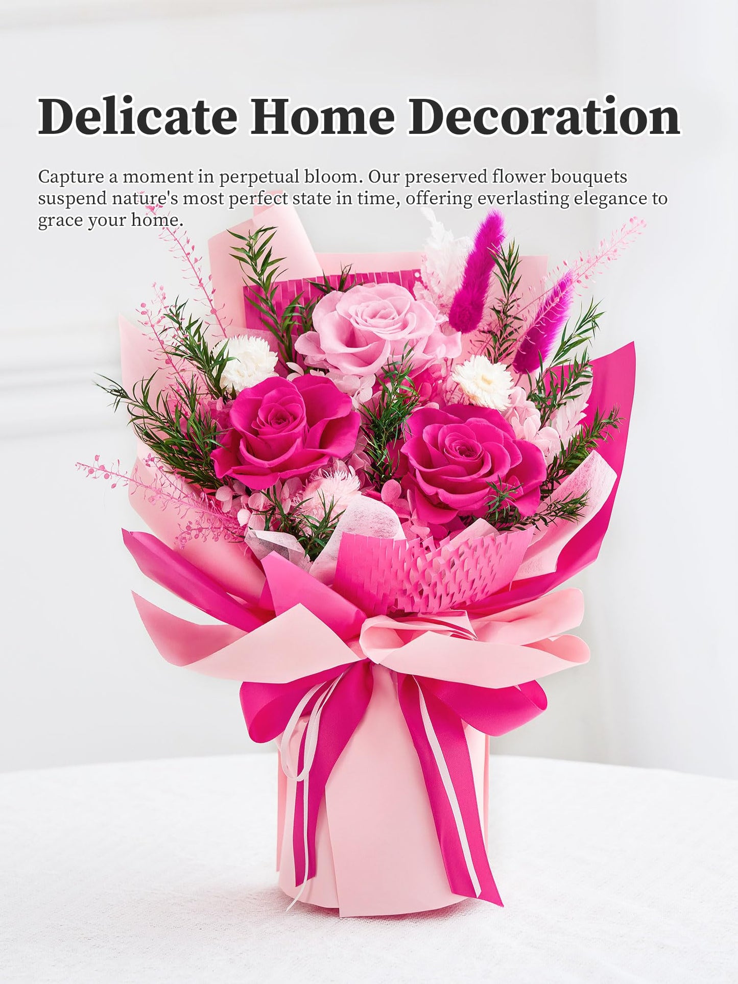 Flomoon Preserved Flowers Bouquet, Forever Flowers for Delivery, Mothers Day Long-Lasting Real Roses Bouquet, Anniversary Birthday Flowers Gifts for Mom Grandma Women Wife Her (Hot Pink)