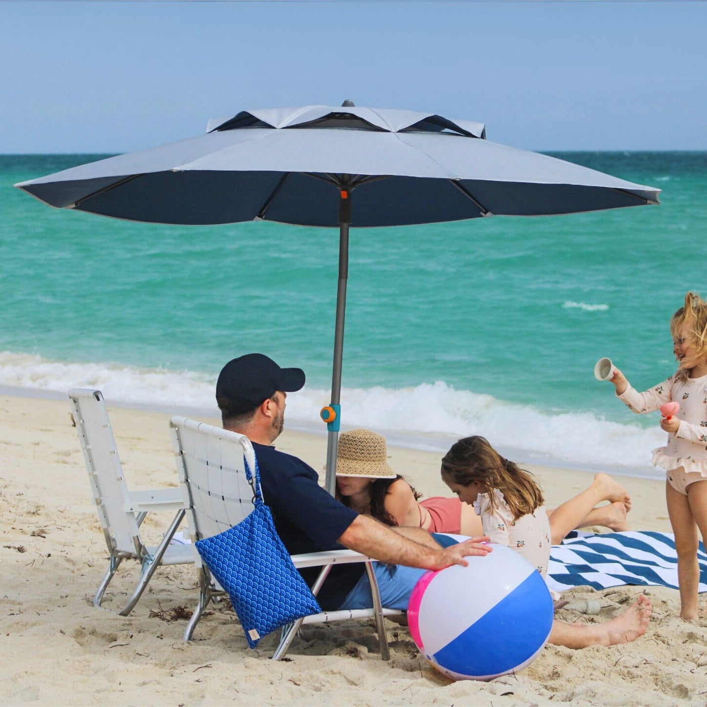 Handy Beach Umbrella with 10 Second Easy Setup Hammer In Anchor - 7ft Large Portable Heavy Duty High Wind Stability Beach Umbrellas For Sand-ASTM F3681 Safety Verified-Silver Coated UPF 55-2026 Model