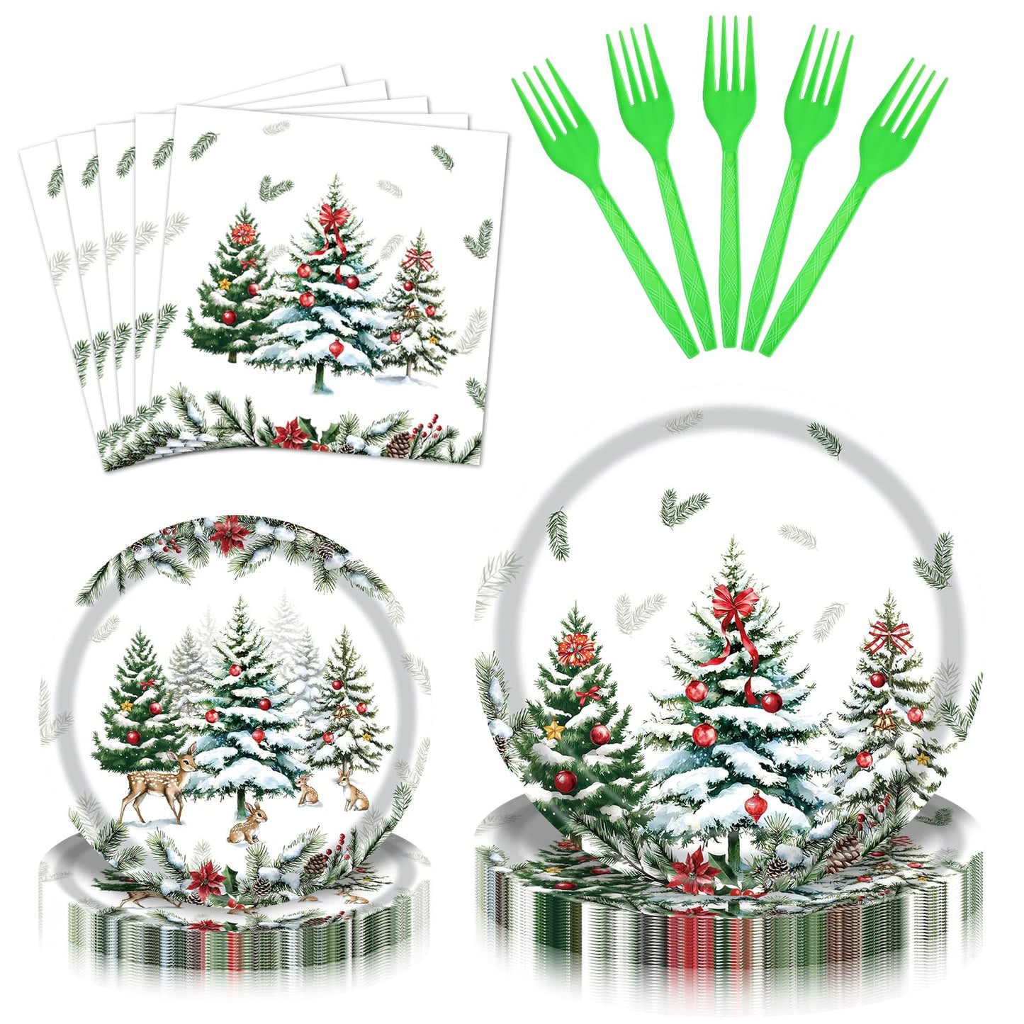 96 Pieces Christmas Tree Party Tableware Set – Holiday-Themed Disposable Plates, Napkins, and Green Forks for Christmas Dinners, Winter Parties, and Seasonal Celebrations – Serves 24 Guests
