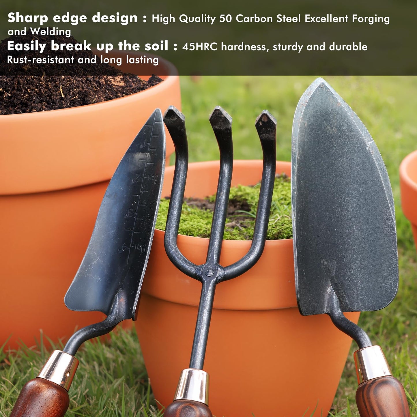 RESTMO 3-in-1 Heavy Duty Gardening Tools Kit, Premium Carbon Steel Garden Hand Tools with Ergonomic Wooden Handle Includes Trowel, Transplanter, and Cultivator, Ideal Gardening Gifts for Gardener