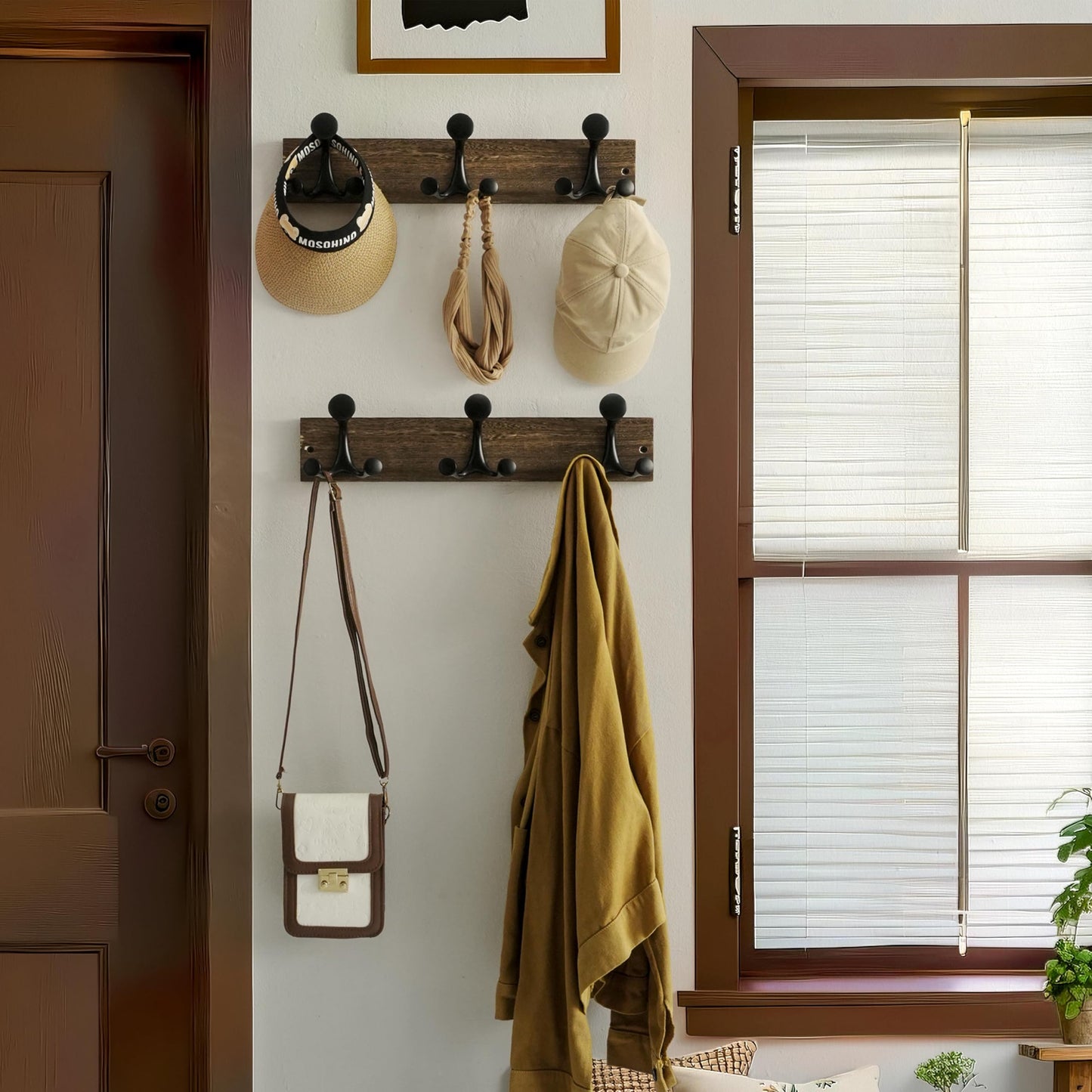 WEBI Coat Rack Wall Mount,17" Solid Wood Coat Hooks Wall Mounted Coat Hanger,16" Hole to Hole,Heavy Duty Hook Rack Rail,3 Triple Hooks for Hanging Coats,Jacket,Clothes,Hat,Backpack,Weathered Brown