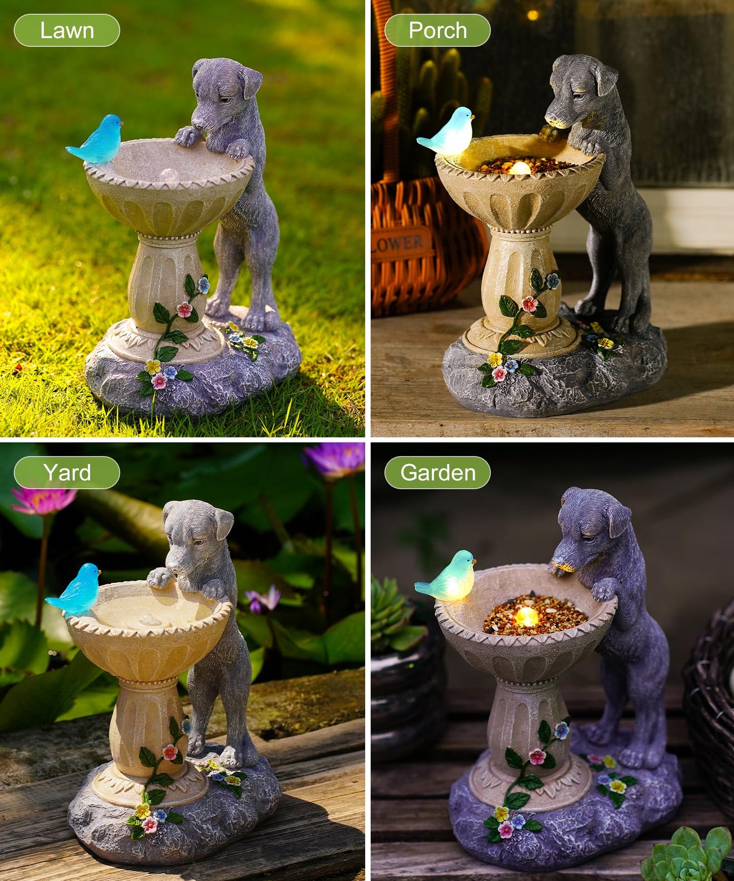Nacome Solar Dog Garden Statues: Weatherproof Resin Decor with Automatic Lighting - Outdoor Yard Lawn Patio Balcony Art - Gifts for Mom Grandma Women Bird Lovers