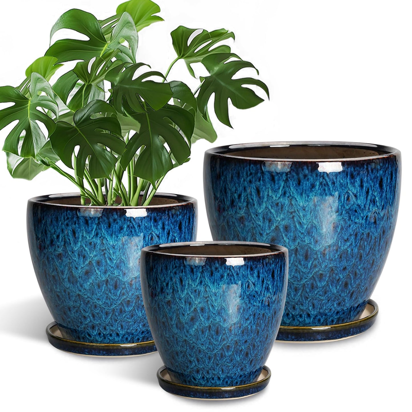 EPFamily Plant Pots Indoor, Ceramic Planters Pots with Drainage Holes and Saucers, 10+8+6 Inch, Set of 3, Round Large Flower Pots for Indoor Outdoor Plants, Blue