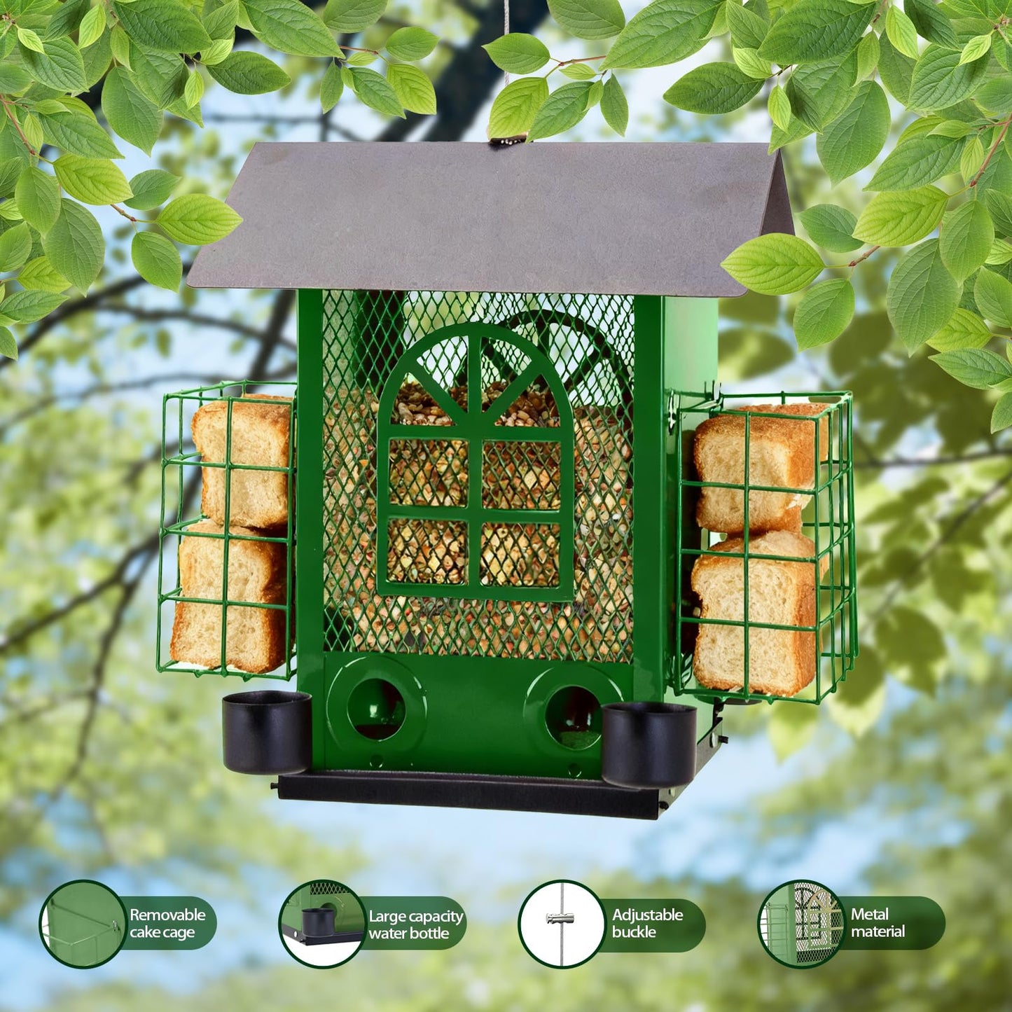 QZLOHOM Outdoor Metal Hanging Bird Feeder Large Capacity Premium Wild Bird Feeder (Includes Bread Tray) Metal Mesh Design Multi-Compartment Food Storage Green (Green)