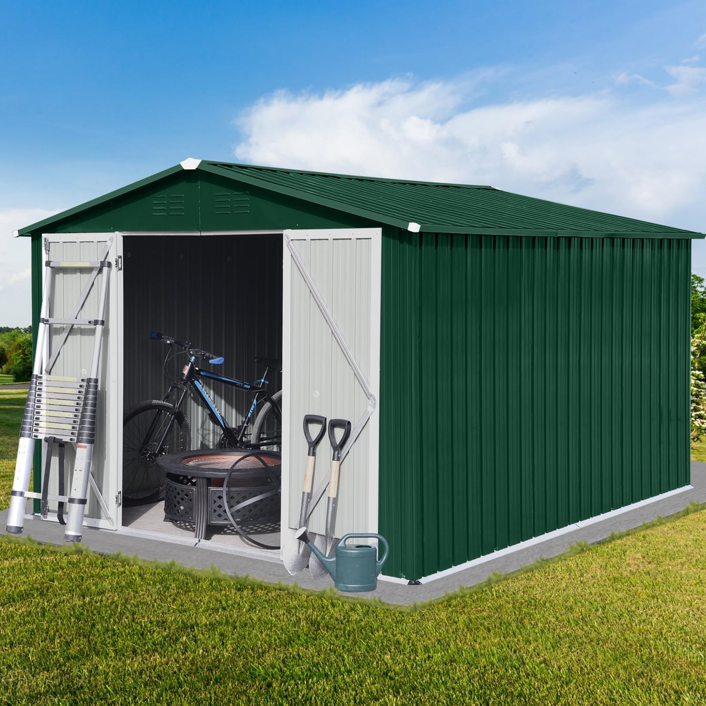 KTATK 10x8 FT Metal Garden Sheds with Hinged Door and Padlock & Punched Vents,Aluminum Outdoor Storage Shed w/Eco-Friendly Painting,for Bike, Barbeque,Tool,Green+White