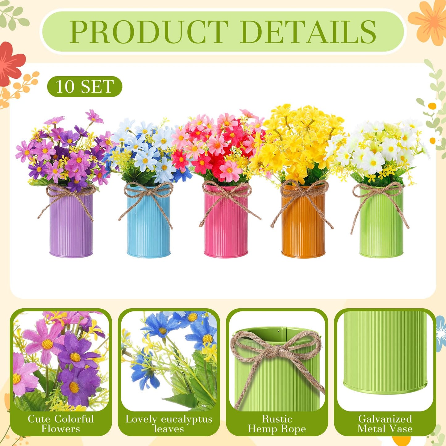 Ferrochef 30 Pcs Spring Centerpiece for Table Spring Office Decoration Galvanized Metal Flower Bucket with Artificial Daisy Flower Bunny Pick, Springs Floral Arrangement for Wedding Birthday Party