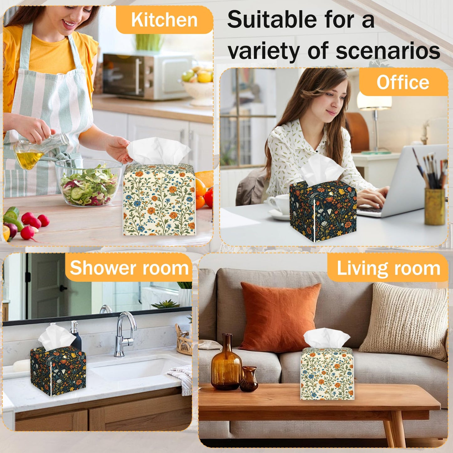 Wild Floral 2 Pcs Tissue Box Cover Square, Leather Tissue Box Holder for Bathroom Livingroom Bedroom, Spring Decorations Cube Tissue Holder