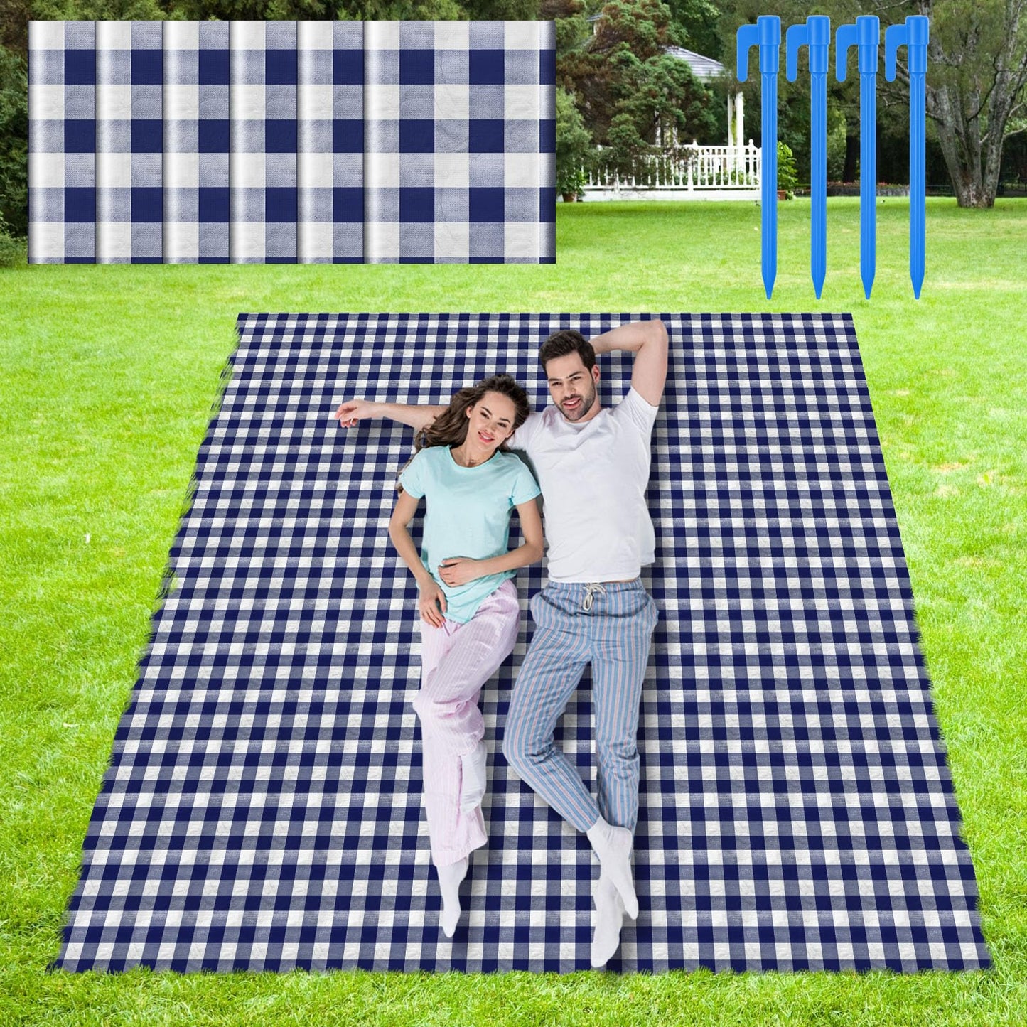 HunnmingRe 6 Pcs Disposable Outdoor Picnic Blankets 71''x71'' Thicken Foldable Waterproof Picnic Mats Gingham Oil Proof Camping Blankets with 4 Ground Spikes Beach Travel Hiking (Navy Blue and White)