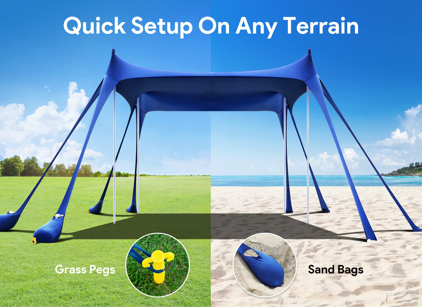 Osoeri Beach Tent, Camping Sun Shelter UPF50+ with 8 Sandbags, Sand Shovels, Ground Pegs & Stability Poles, Outdoor Shade Beach Canopy for Camping Trips, Fishing, Backyard Fun or Picnics