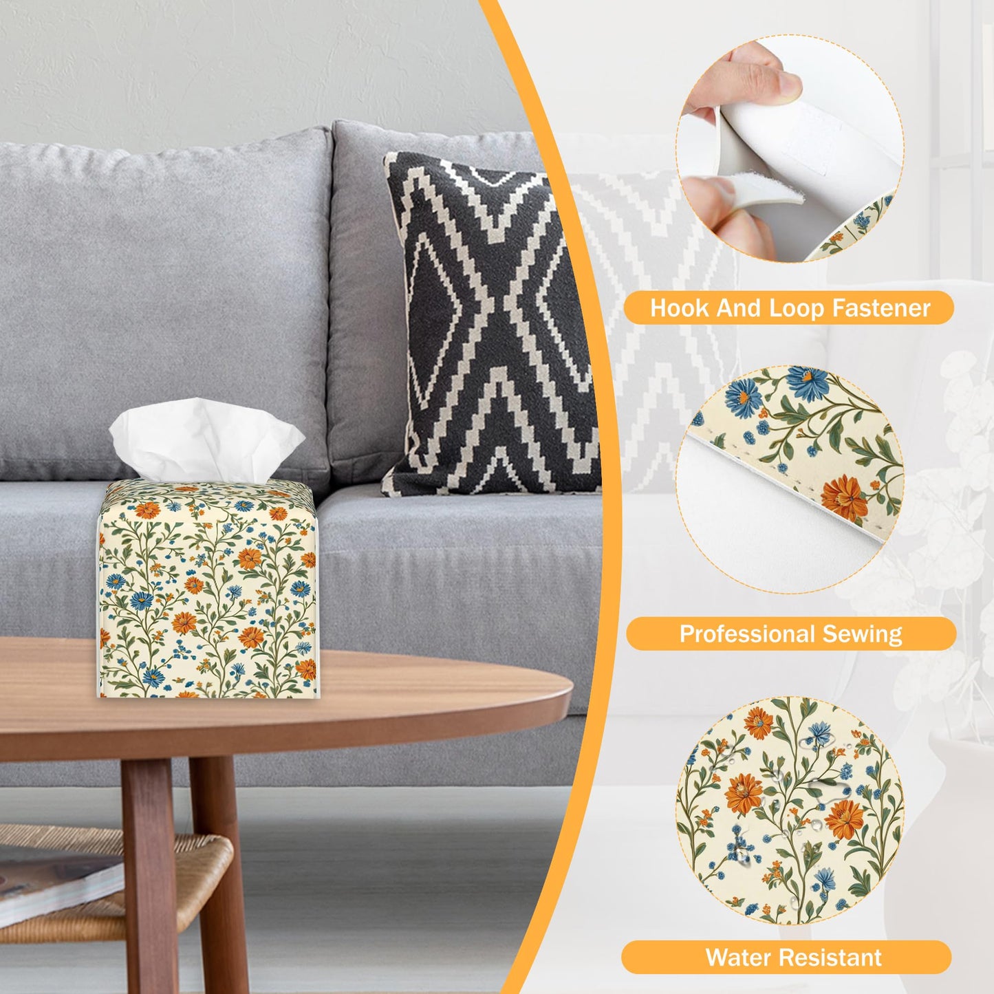 Wild Floral 2 Pcs Tissue Box Cover Square, Leather Tissue Box Holder for Bathroom Livingroom Bedroom, Spring Decorations Cube Tissue Holder