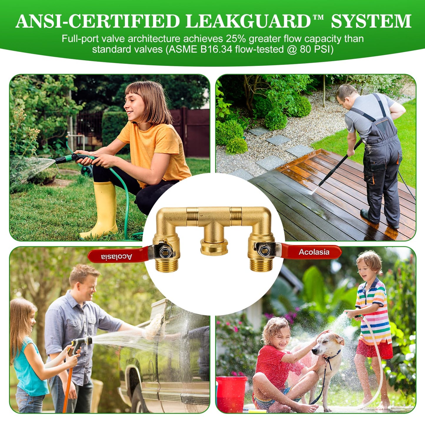 Hose Splitter 2 Way Heavy Duty Brass Garden Hose Splitter with 360° Rotatable, 304 Stainless Steel Long Handle Outdoor Full Flow Hose Splitter Connector, 3/4" GHT Thread