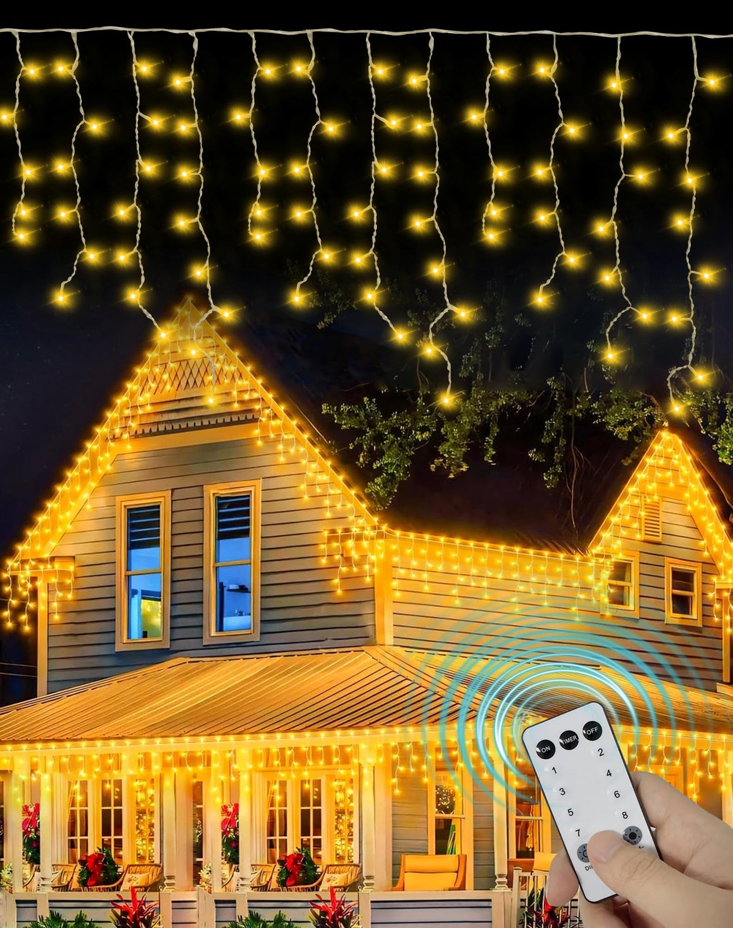 GOHDLAMP Christmas Icicle Lights Outside 624 LED 59FT Warm White, 96 Drops 2700K Icicle Christmas Lights with Remote/8 Modes/Timer, IP44 Waterproof for Roof Gutter Wedding Holiday Decorations