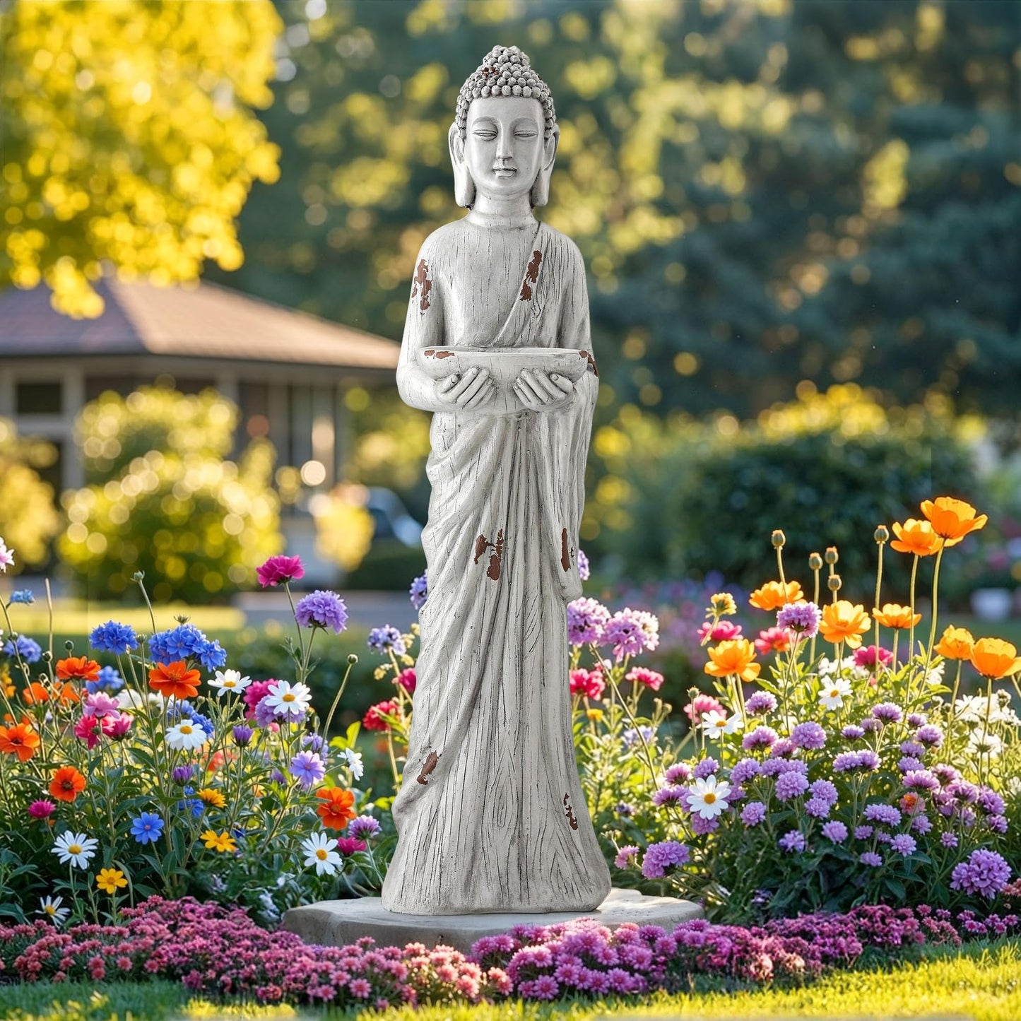 Ultym 42" Extra-Large Buddha Outdoor Statue with Birdfeeder, Tall Zen Meditative Buddha Figures, Durable Weatherproof MGO Sculpture for Garden, Patio, Yard, Porch or Indoor Home Decor
