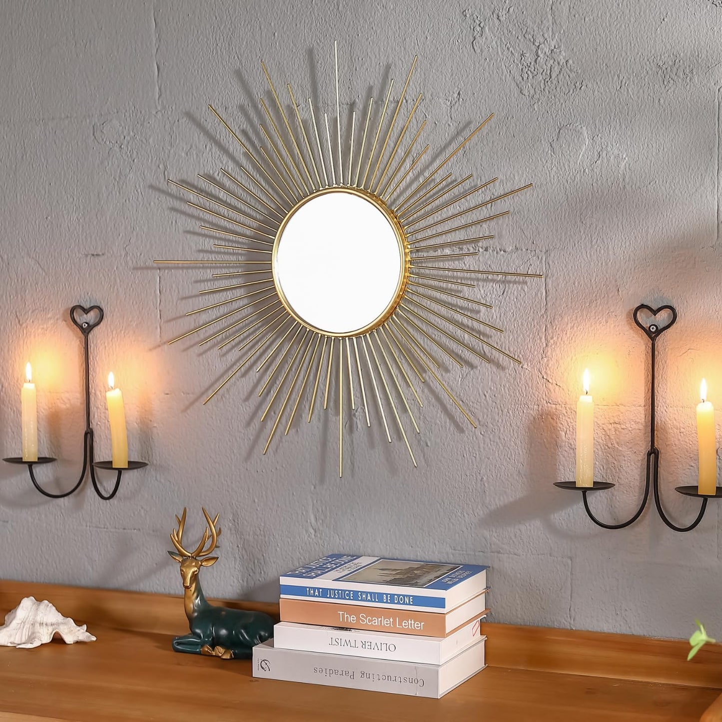 24'' Large Gold Sunburst Mirror, Metal Starburst Mirrors, Mid-Century Modern Sun Mirror Wall Decor for Living Room, Bedroom, Bathroom, Hallway, and Entryway