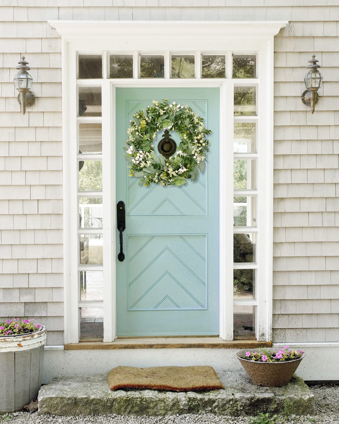 Vlorart Artificial Spring Summer Christmas Greenery Wreaths for Front Door Green Eucalyptus Leaf Wreath Decor Boxwood with Big Berries for Farmhouse Outside Year Round