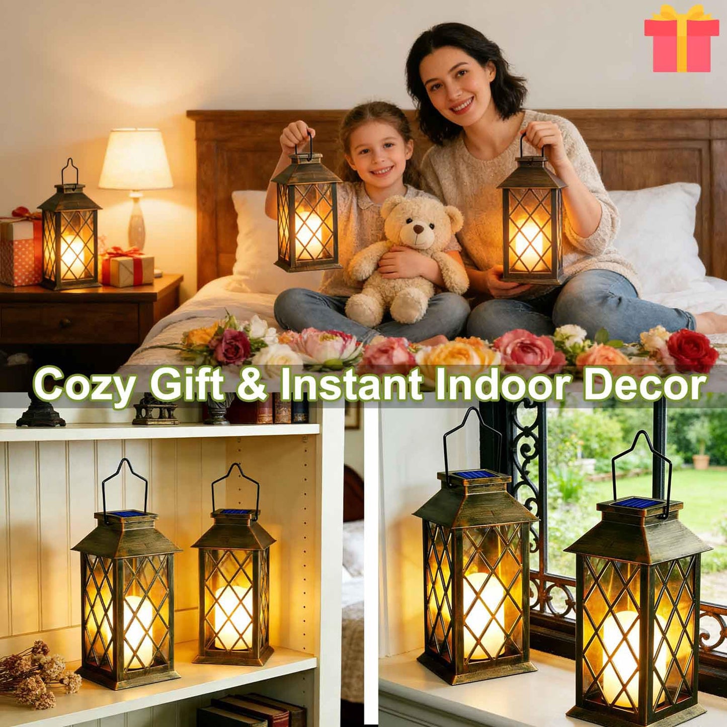 Cozymeow Solar Lanterns Outdoor Waterproof, Flickering Candles Hanging Solar Lights for Outside Garden Patio Wall Porch Decorative, Lamp with Upgraded Solar Panel, Tempered Glass & Clip, Bronze 2 Pack